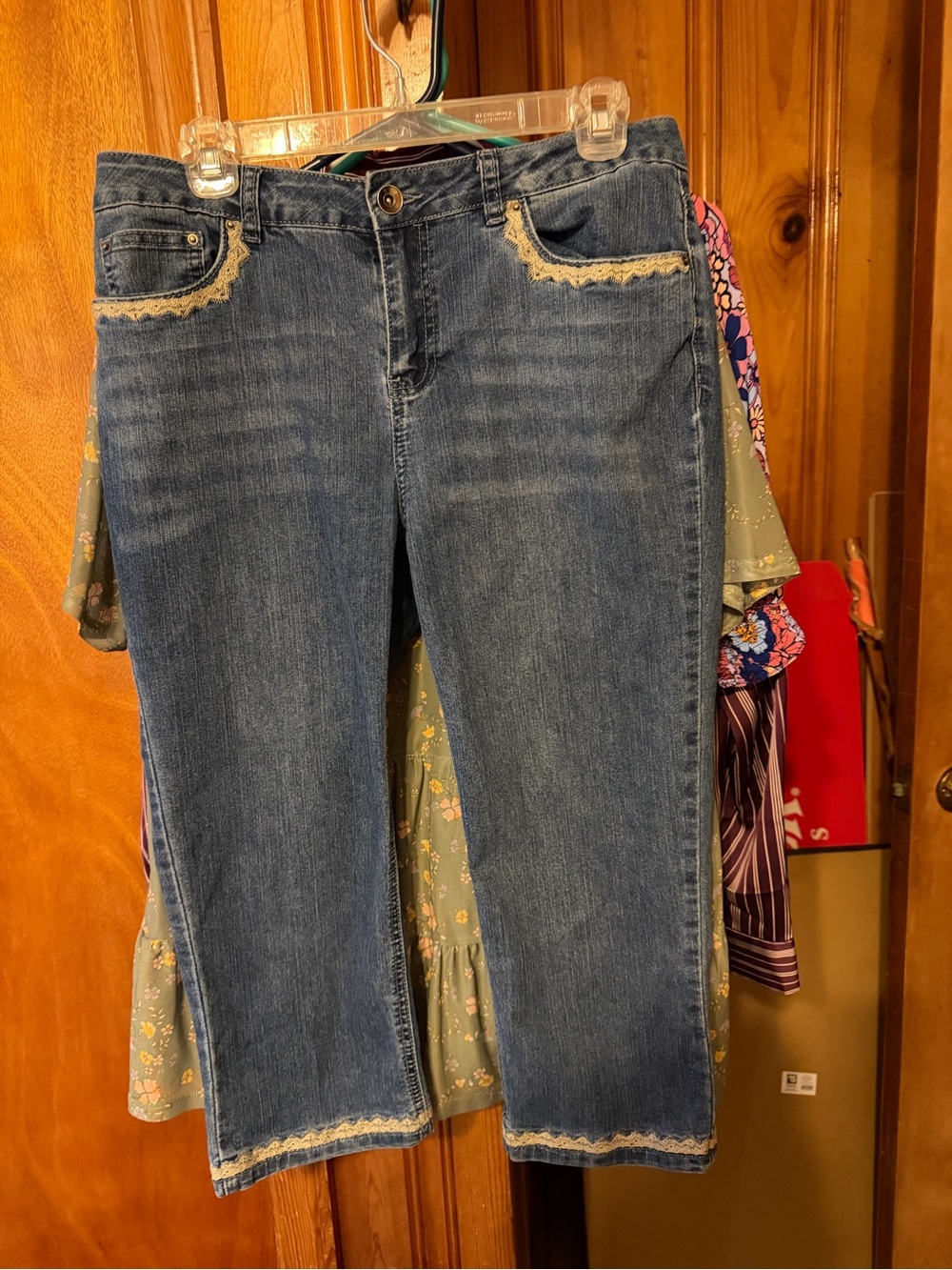 Passport Blue Denim Cropped Jeans with Lace Trim